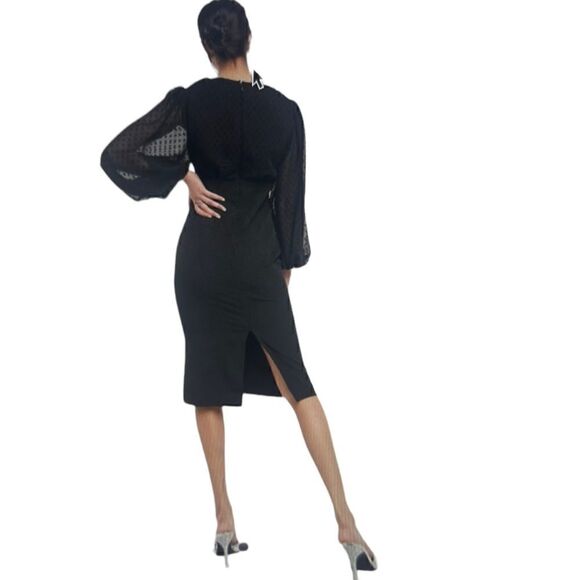 ASOS DESIGN V-Neck Midi Pencil Dress with Textured Sleeves - Size 4 - Picture 3 of 7